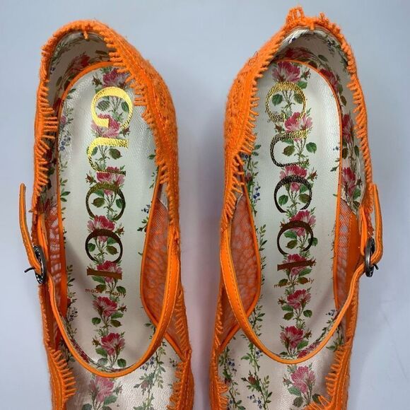 Gucci Virginia Lace Pumps Neon Orange EU 40 US 10 Mary Jane Lace Heels - Picture 2 of 11
